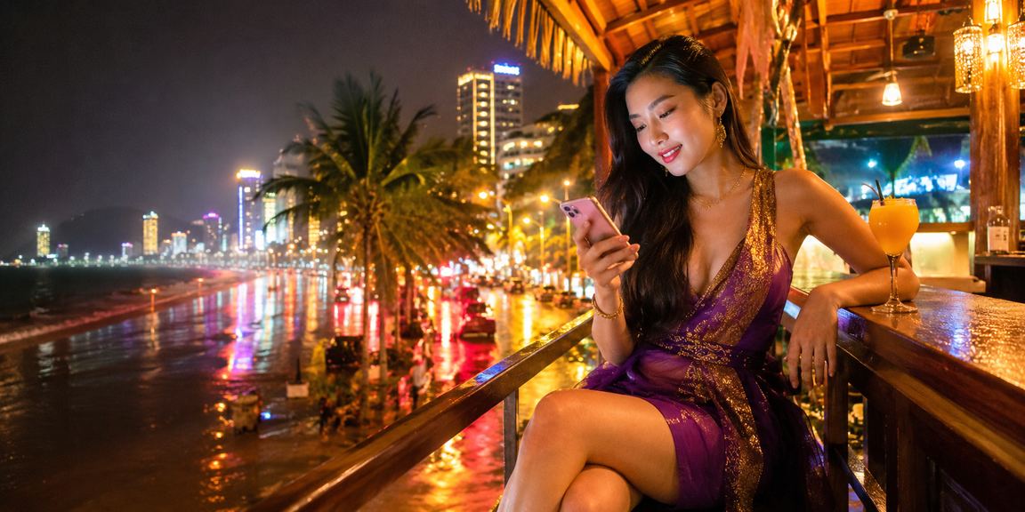 Người chơi nhận hoàn tiền cashback tại bãi biển Nha Trang với điện thoại trên tay